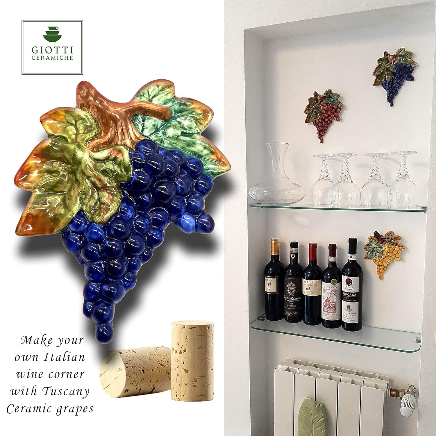 Italian Ceramic Grapes Wall Decor - 3 Pieces Hand Painted