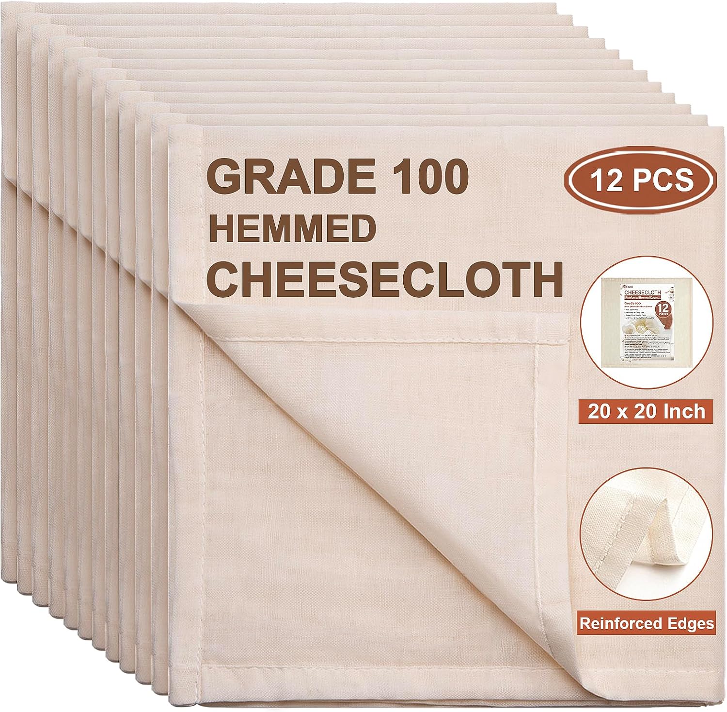 eFond Cheese Cloths 12 PCS 20x20 Inch Grade 100 Hemmed