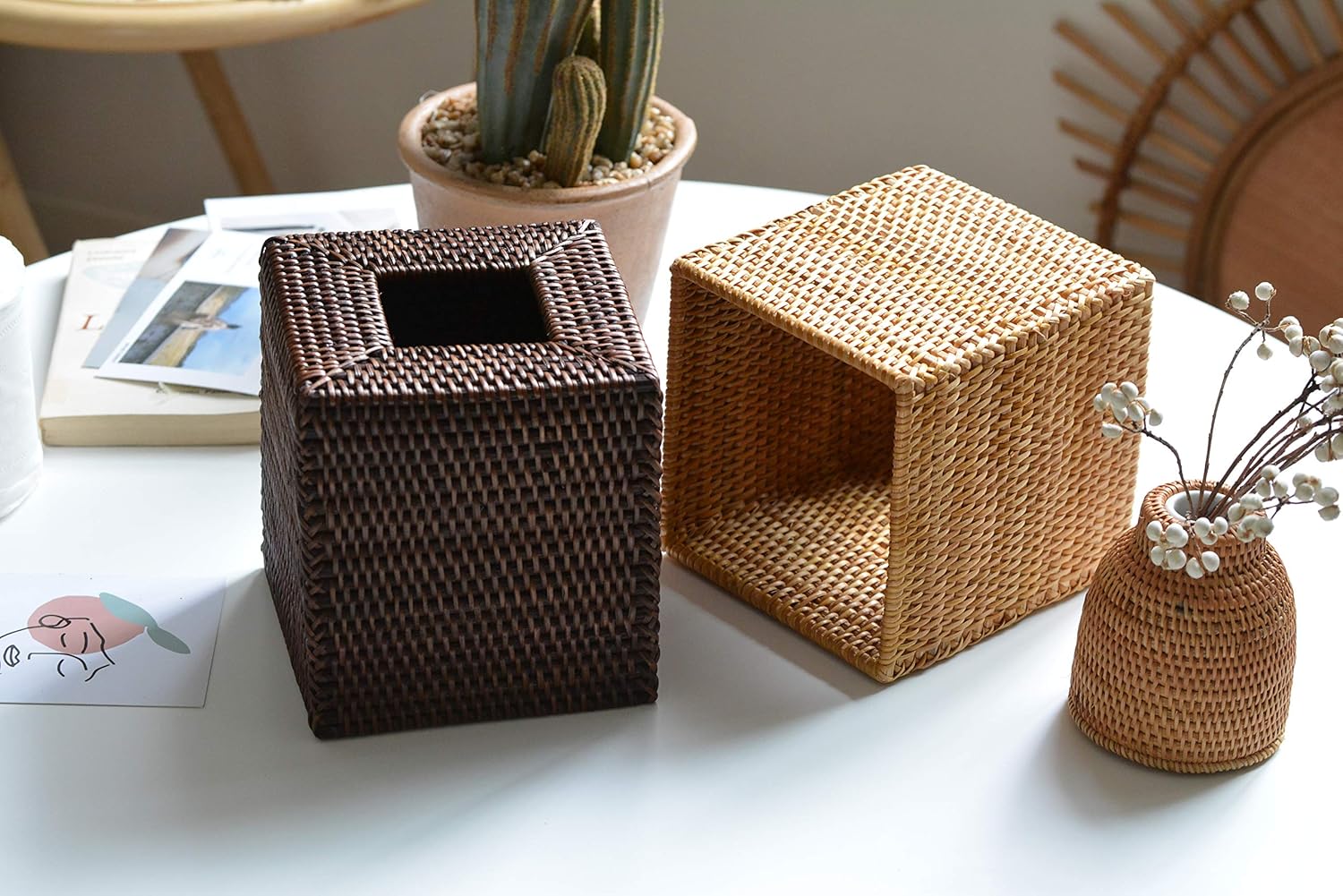 YANGQIHOME Rattan Tissue Box Cover Square Natural
