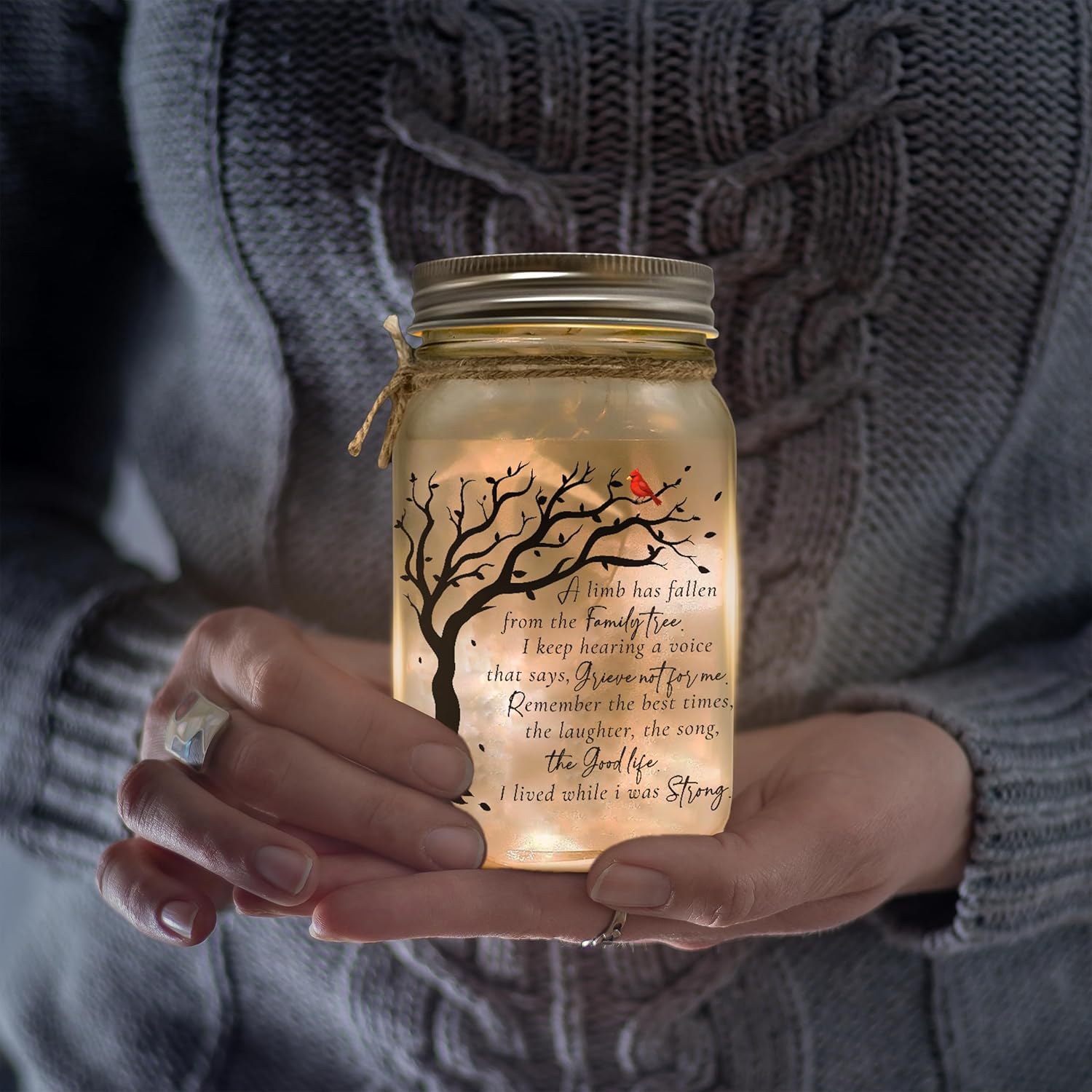 Memorial Mason Jar Light with Red Cardinal
