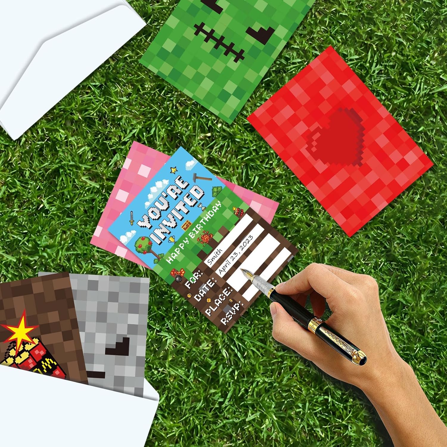 Pixel Birthday Invites 30 Sets with Stickers and Envelopes