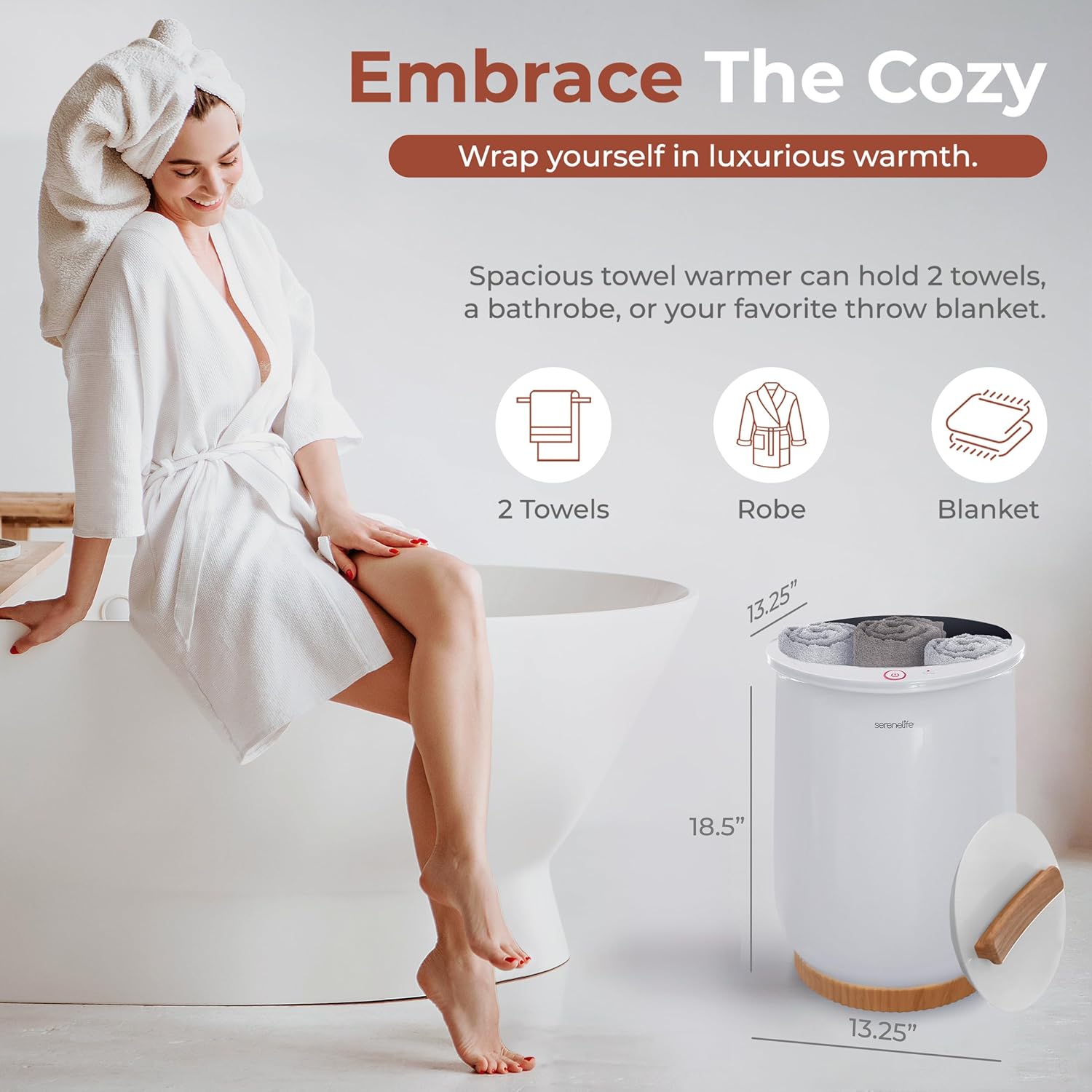 SereneLife Bucket Towel Warmers White Large Towel Heater for Spa and Bathroom