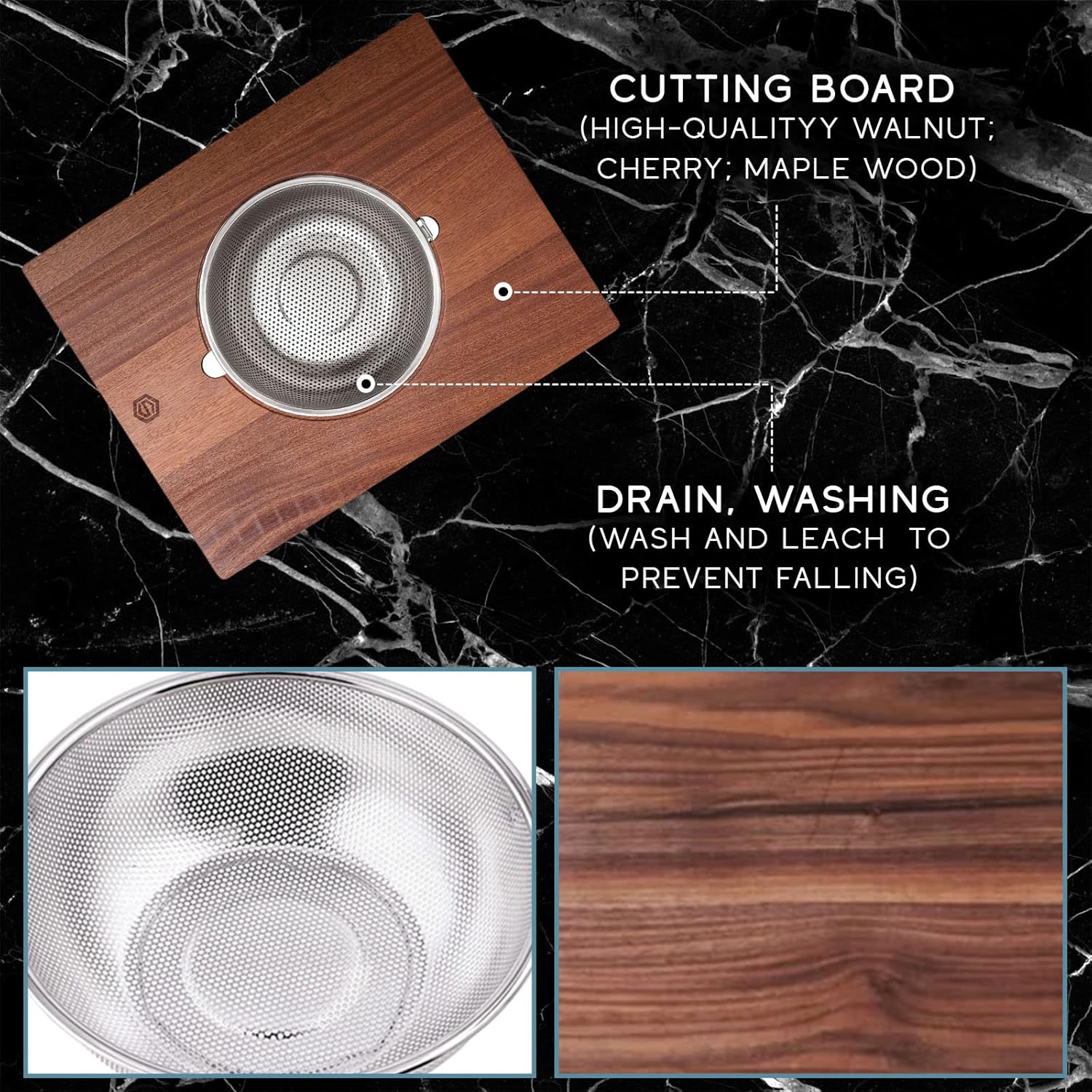 Strictly Sinks Wooden Cutting Board and Strainer Combo