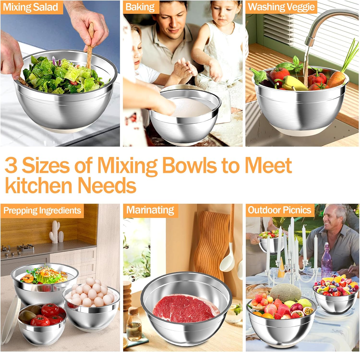 Nicdiet 3-Piece Stainless Steel Mixing Bowls with Airtight Lids