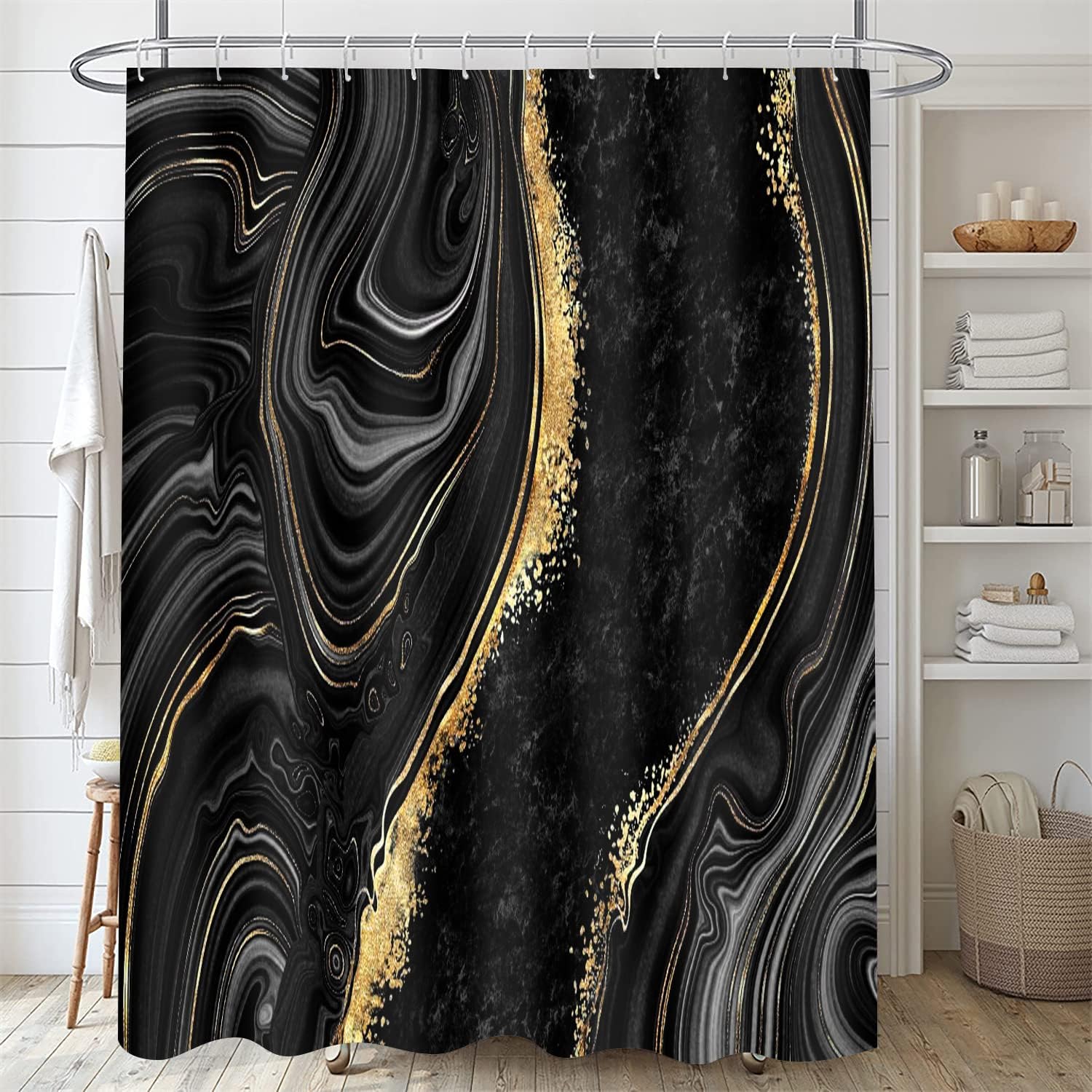 Nkzply 4 Pcs Black Shower Curtain Set with Rugs and Toilet Lid Cover