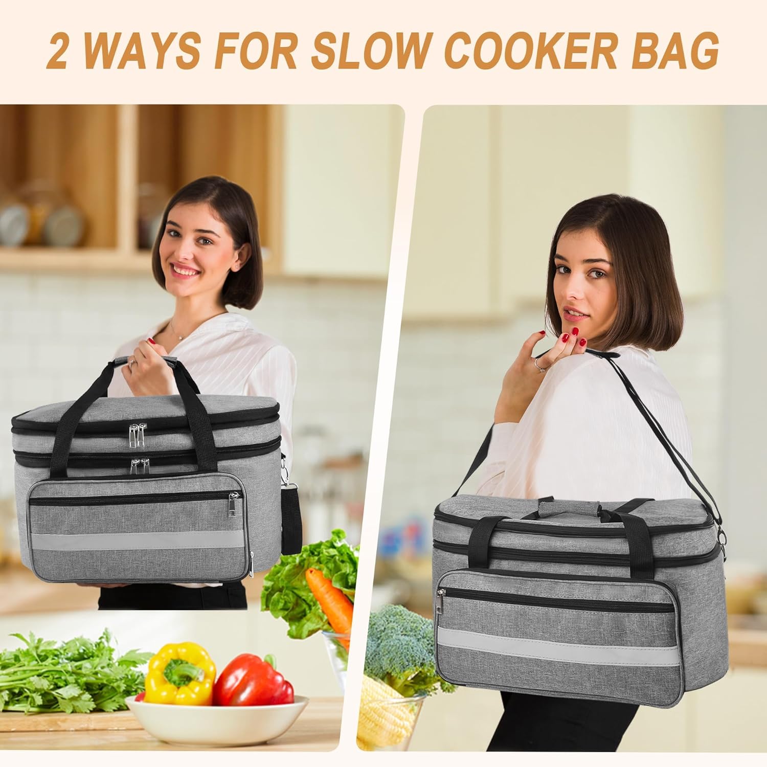 Double Layer Slow Cooker Carrying Bag with Insulated Lining and Adjustable Straps