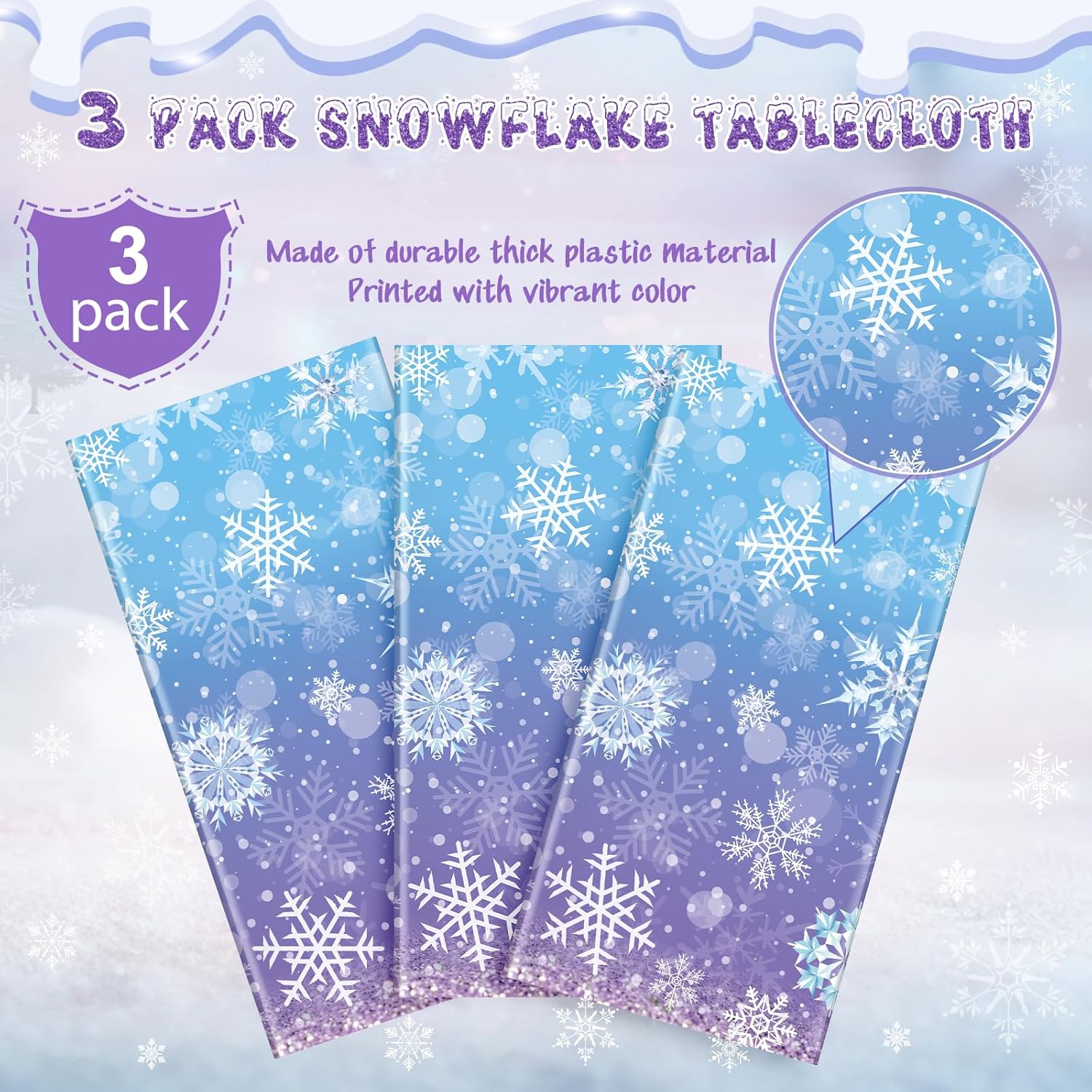 3 Pack Winter Snowflake Tablecloths Blue and Purple for Christmas Party