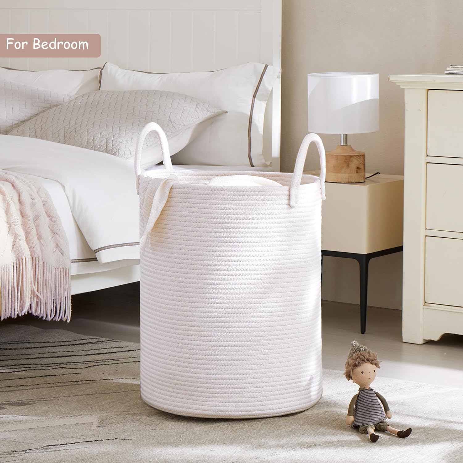 60L Pure White Woven Laundry Basket for Living Room Baby Nursery