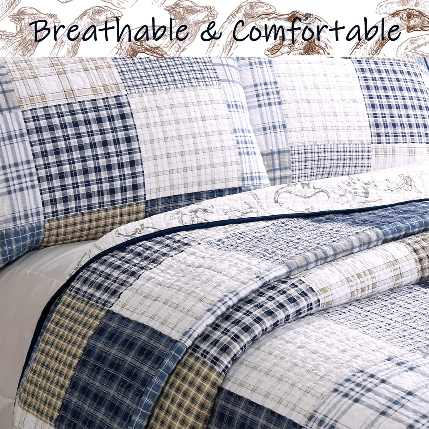 Cozy Line Benjamin Dinosaur Plaid Quilt Set for Kids