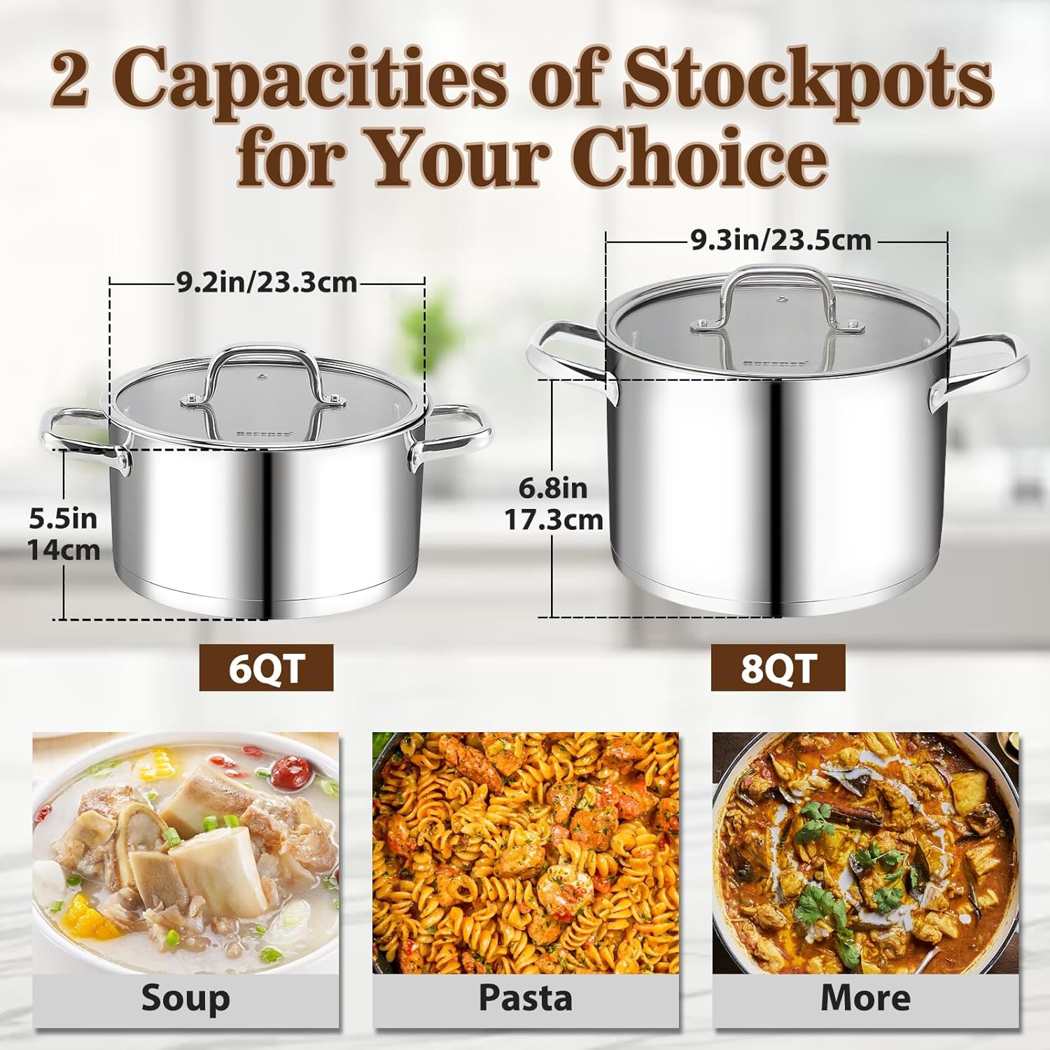 Rorence 8 Qt Stainless Steel Stockpot with Tempered Glass Lid
