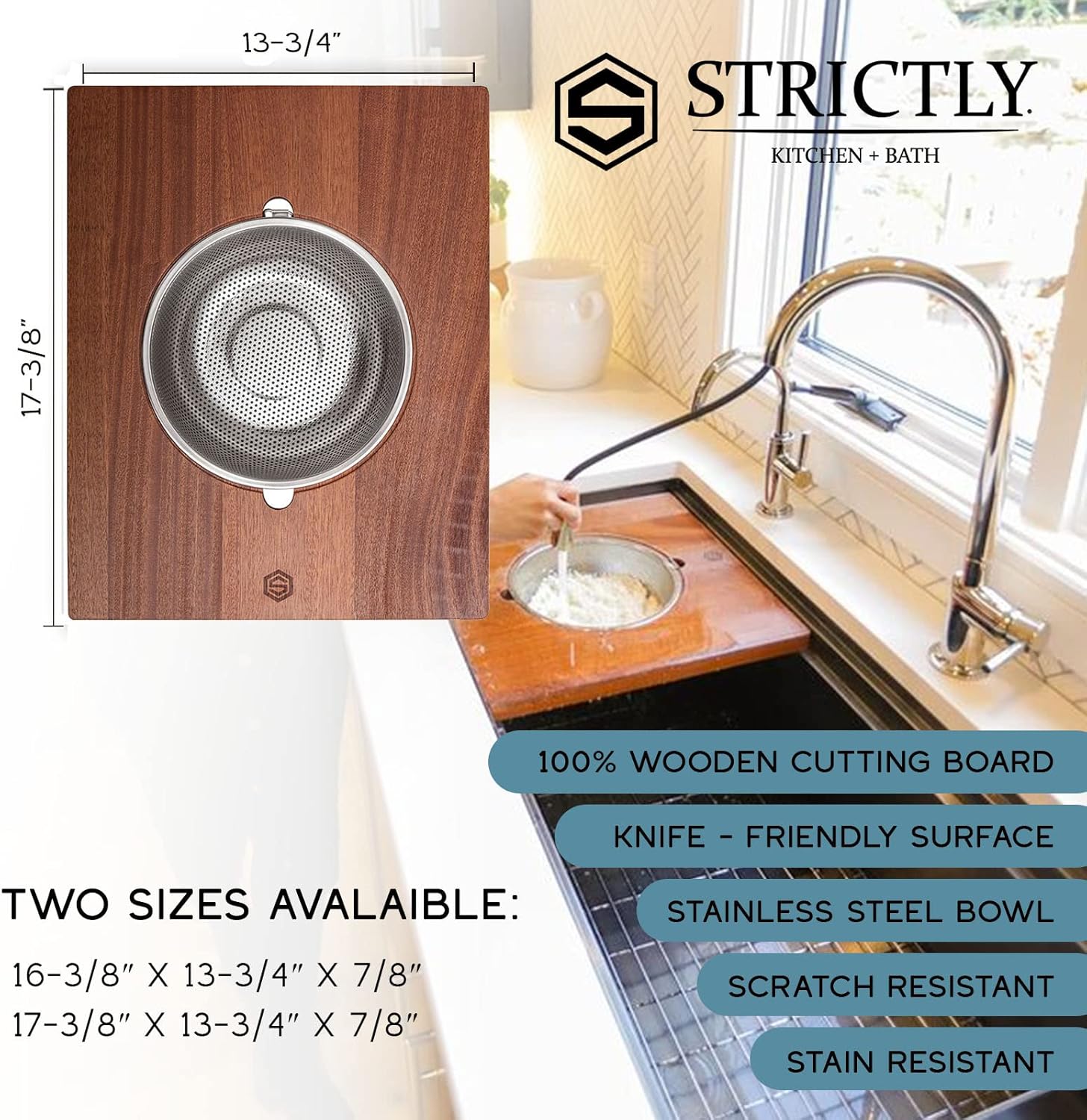 Strictly Sinks Wooden Cutting Board and Strainer Combo