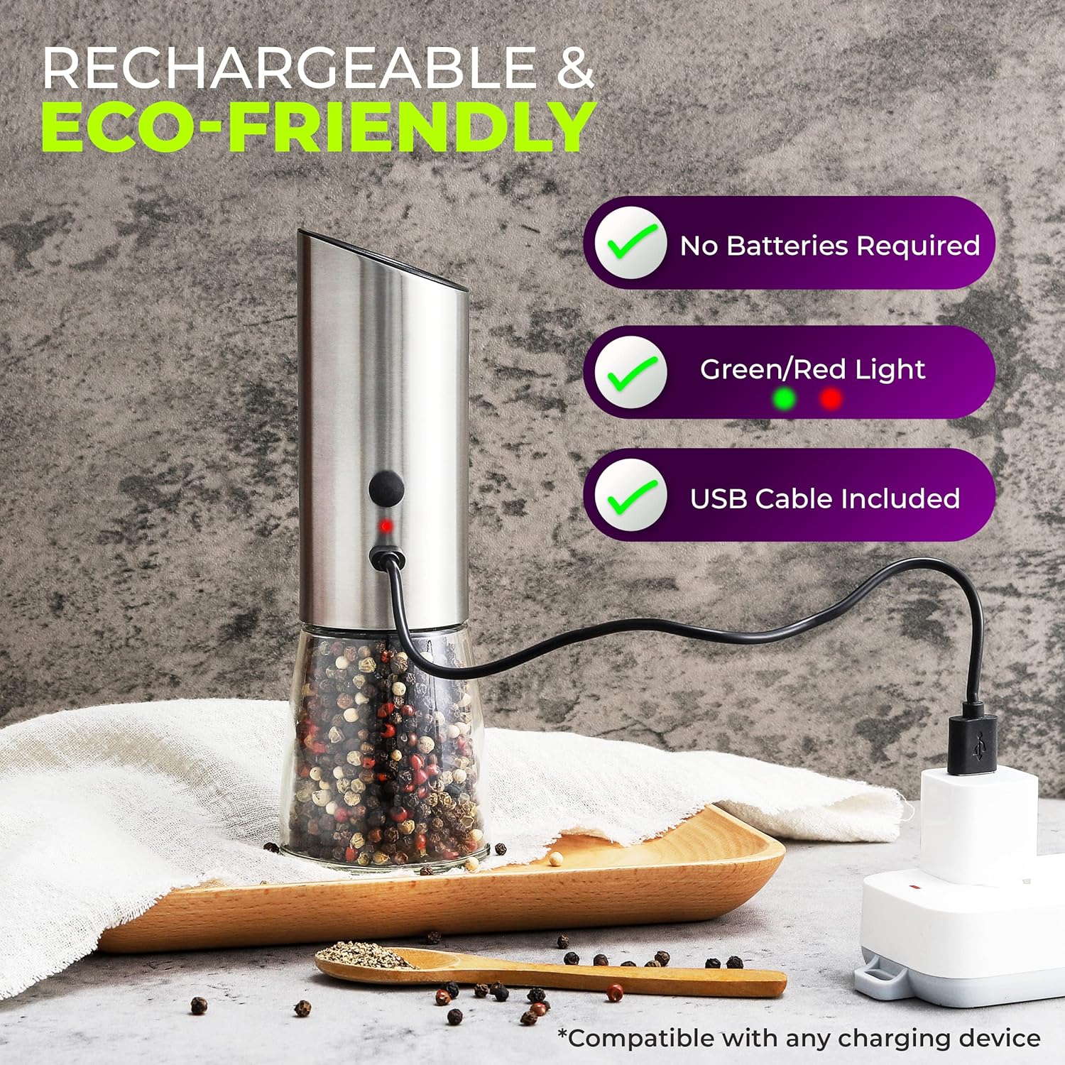 Rechargeable Salt and Pepper Grinder Set with Adjustable Coarseness