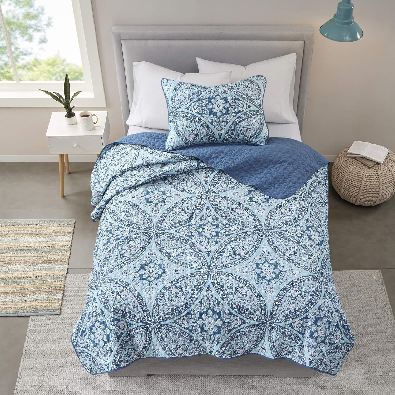 Comfort Spaces Reversible Quilt Set Glamorous Damask Aqua 2 Piece