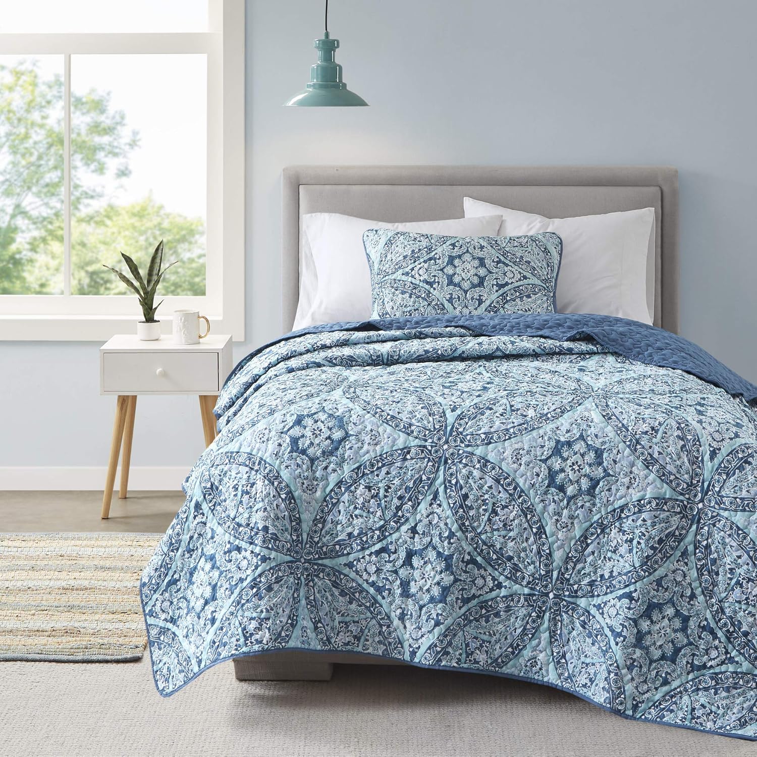 Comfort Spaces Reversible Quilt Set Glamorous Damask Aqua 2 Piece