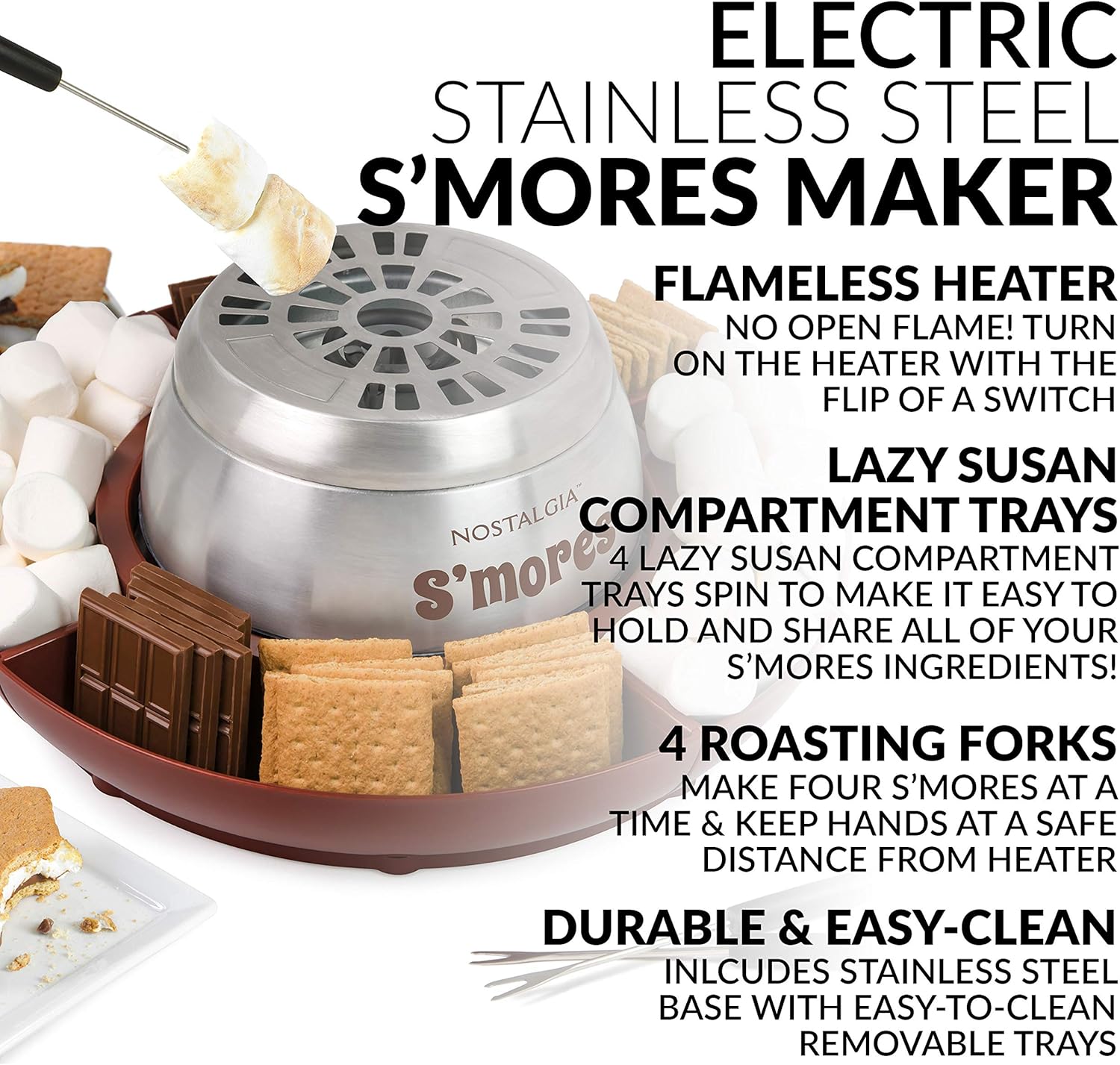 Nostalgia Indoor Electric Smores Maker - 4 Trays and Roasting Sticks