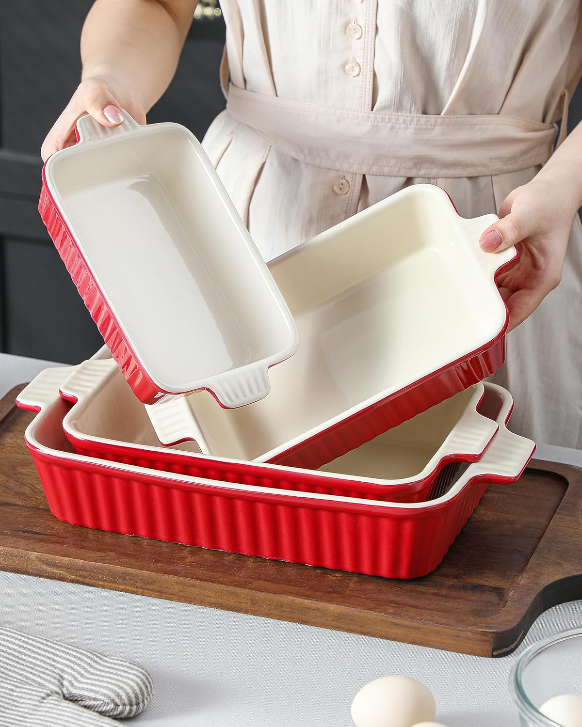 MALACASA Porcelain Bakeware Set of 4 Red Sizes