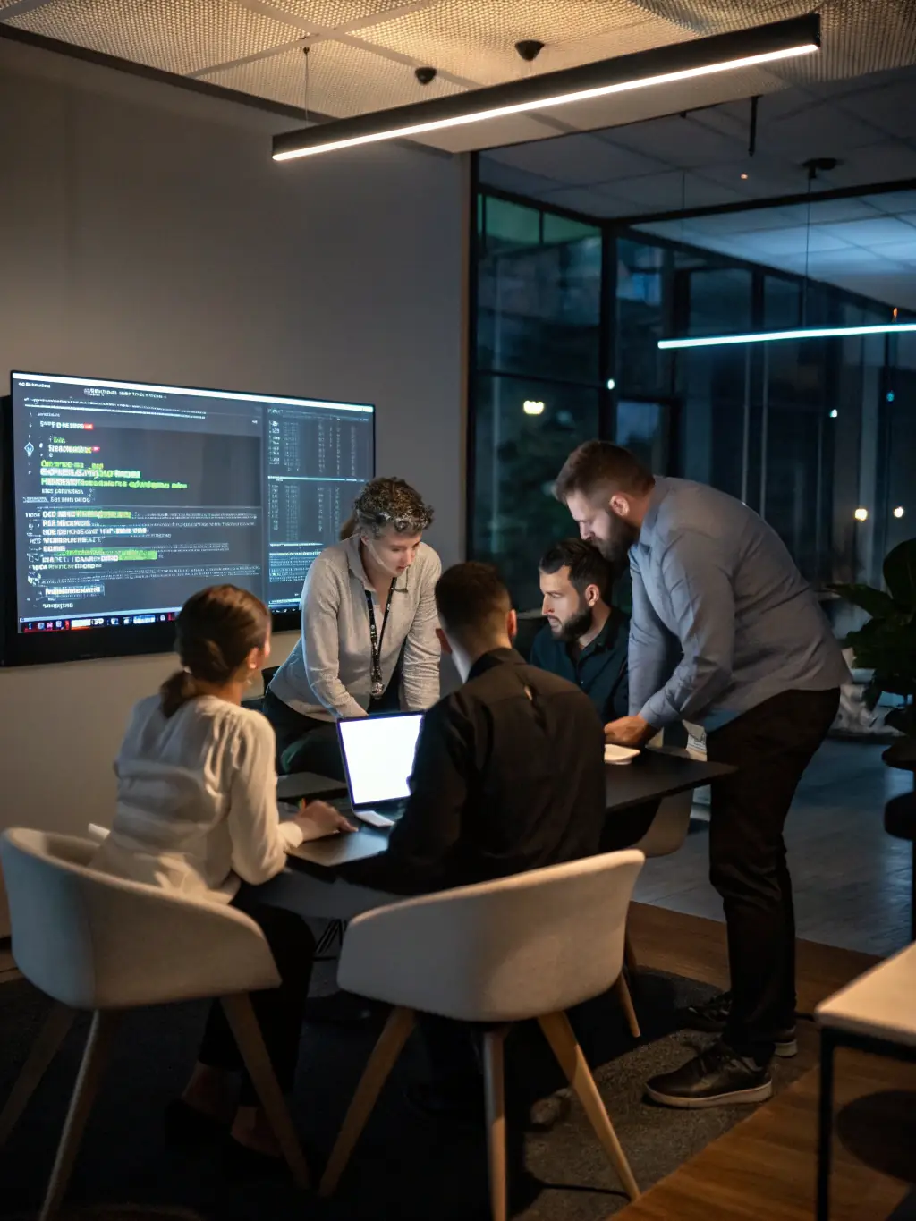 A team of consultants collaborating on a digital transformation strategy, using tablets and interactive displays, representing LumenByte's digital transformation service.