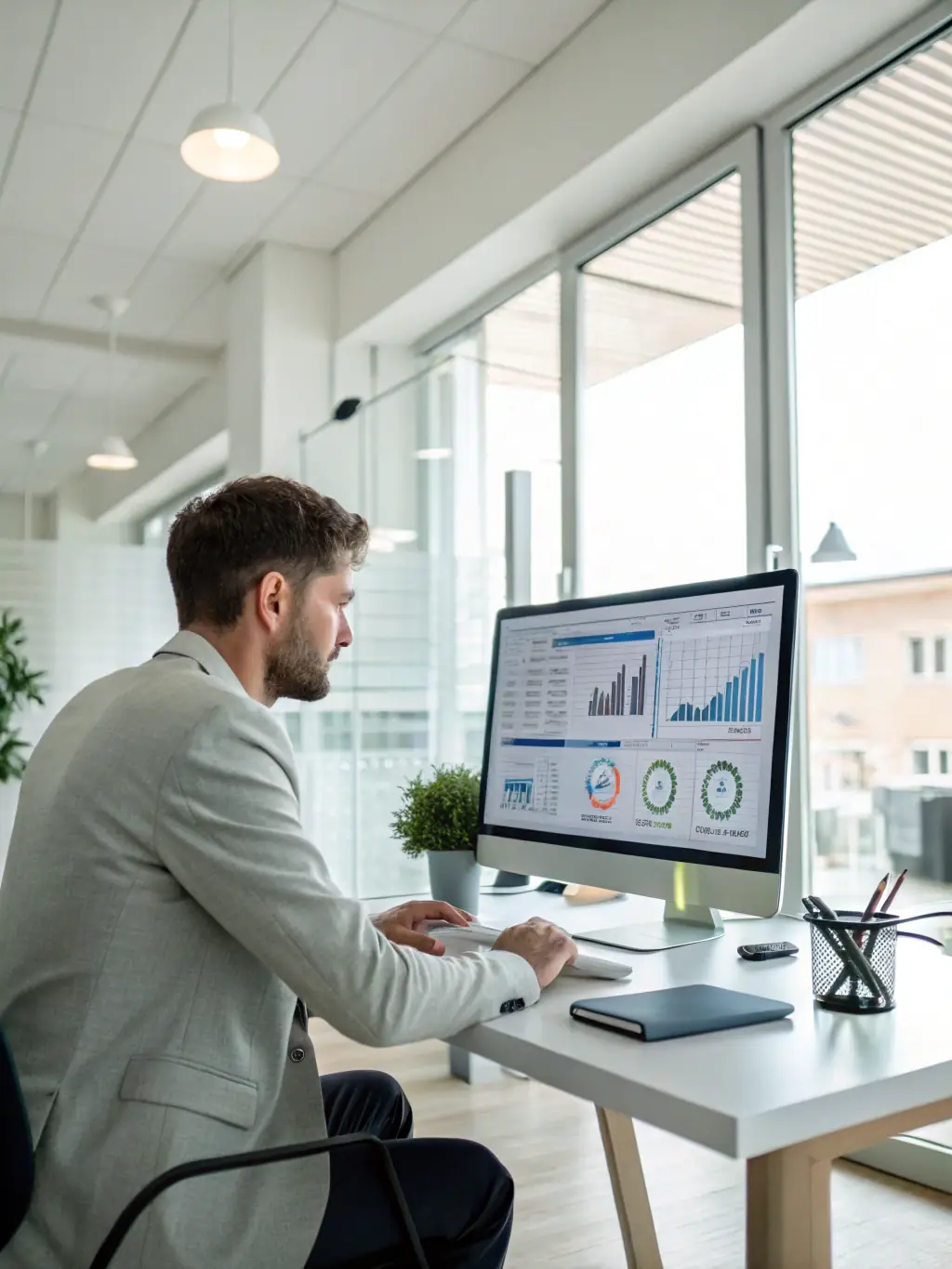 A data analyst working on a complex data visualization dashboard, highlighting key insights and trends, representing LumenByte's data analysis service.