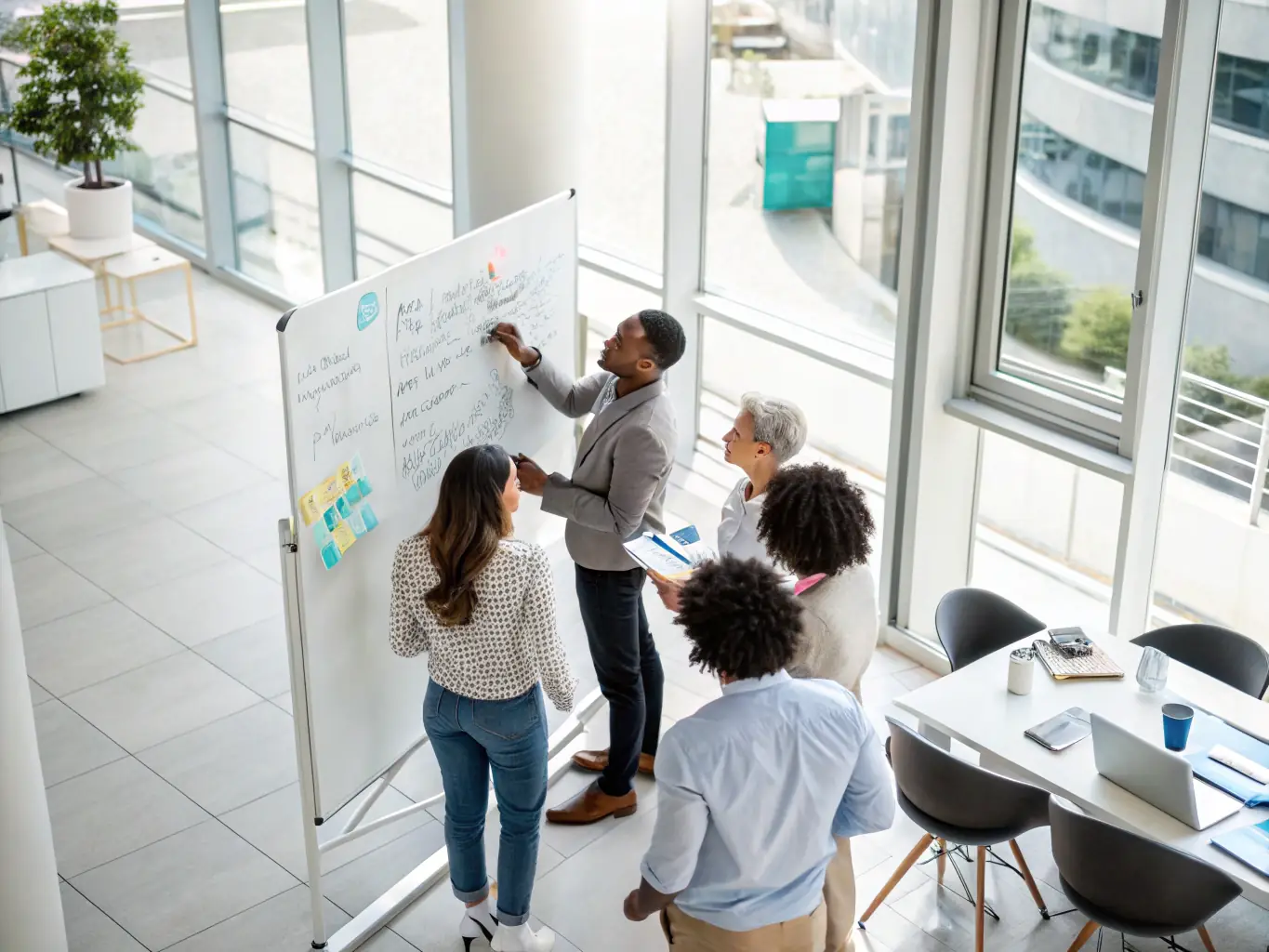 A diverse team of LumenByte consultants brainstorming innovative solutions in a modern office setting, symbolizing the collaborative and forward-thinking approach of the firm.