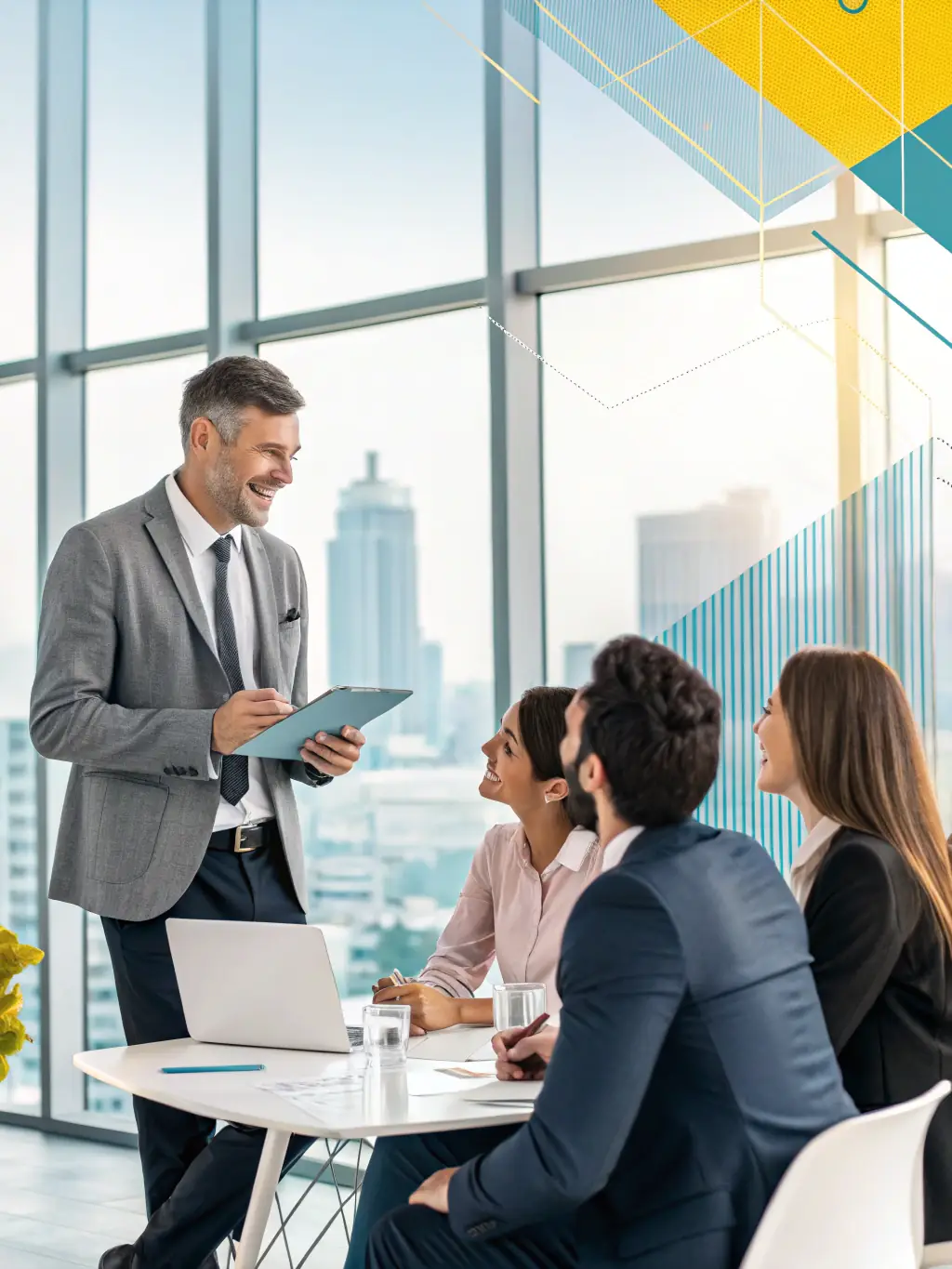 A consultant in a suit, standing in front of a whiteboard covered in strategic plans, smiling confidently, representing LumenByte's strategic planning service.