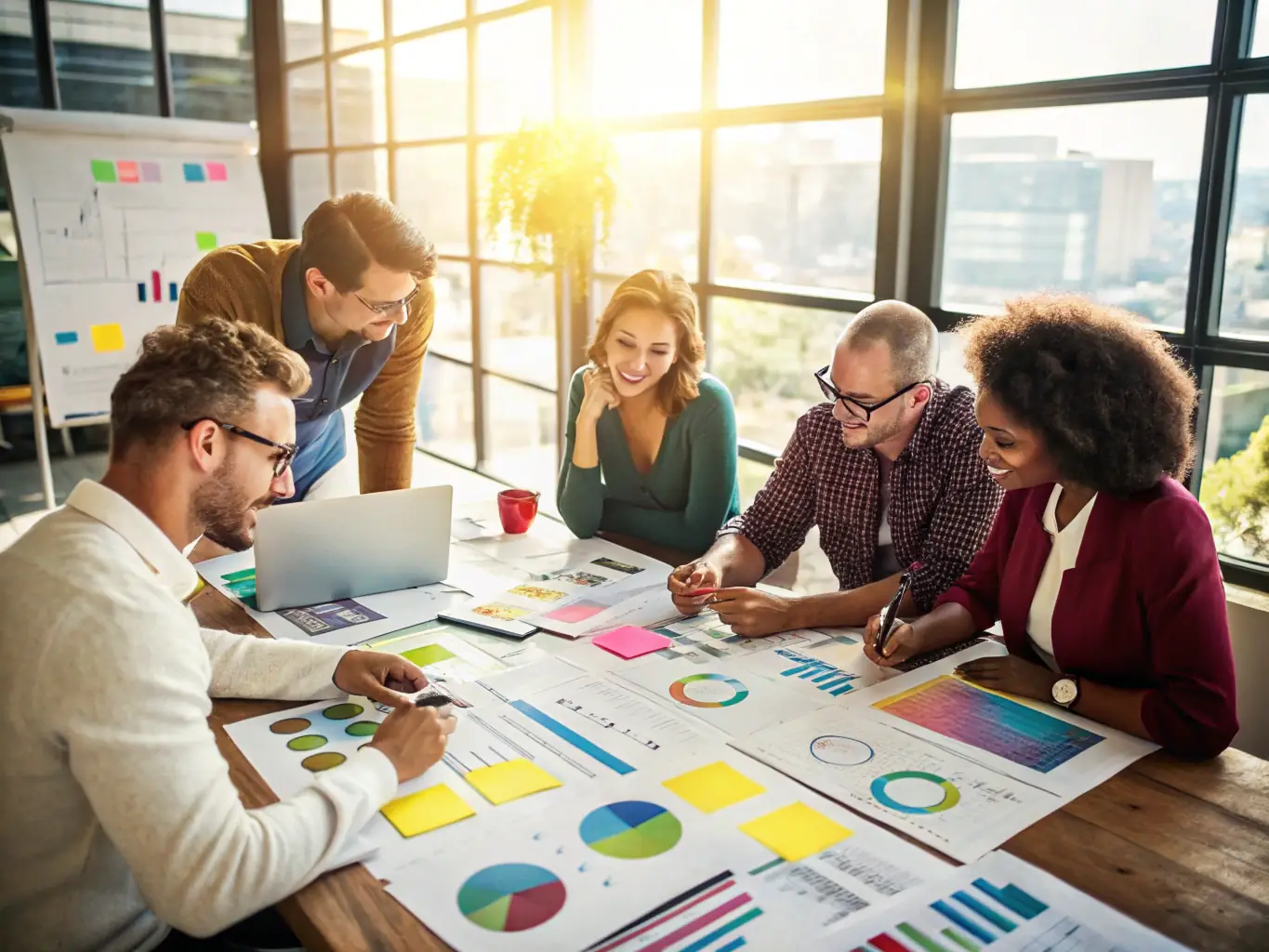 A team of consultants collaborating on a strategic planning session with charts and graphs, representing LumenByte's Strategic Planning service.