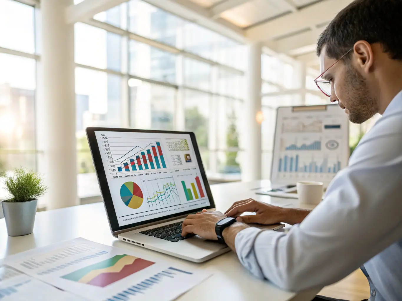 A consultant analyzing data on a laptop with visualizations displayed on the screen, representing LumenByte's Data Analysis service.