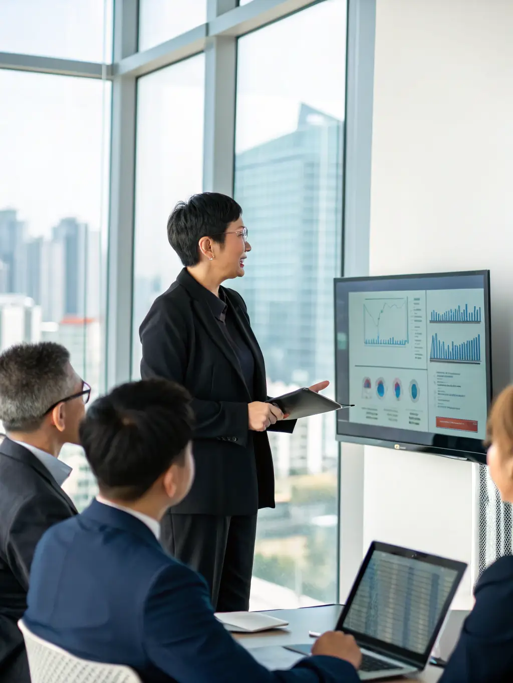 A consultant presenting a risk management framework to a client, using a clear and concise visual aid, representing LumenByte's risk management service.